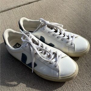 Veja White Leather Sneakers with Navy V Logo